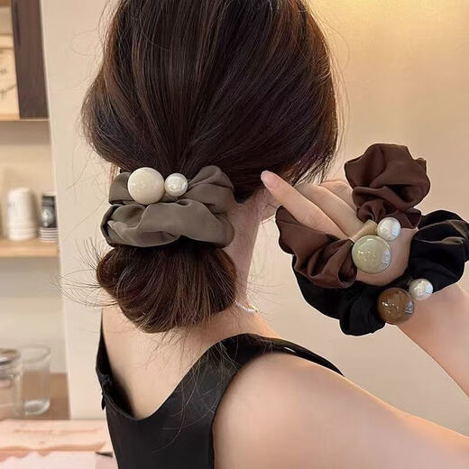 Simple Pearl Large Intestine Hair Tie 2025 New Rubber Band Women's Hair Elegant Leather Case High-Looking Hair Tie Black Dark Coffee Pearl Large Intestine Hair Tie