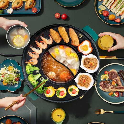 Olla caliente multifuncional y barbacoa olla todo en uno shabu-shabu estufa de barbacoa eléctrica doméstica bandeja para hornear de doble propósito olla caliente sin humo máquina de barbacoa olla redonda súper extra grande mejorada estilo Yuanyang 40 cm