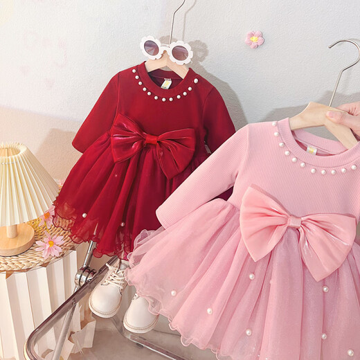 Xin Yueqing children's spring style dress 2025 autumn style baby girl princess one-year-old mesh dress children's birthday skirt red 80 cm-M