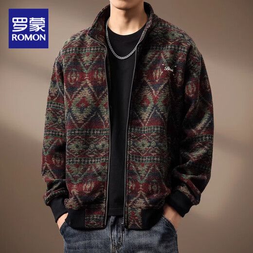 ROMON high-end ethnic style wool knitted jacket men's autumn and winter loose large size heavy retro cardigan sweater men's fashion red L suitable for 120-140Jin Jin equals 0.5 kg