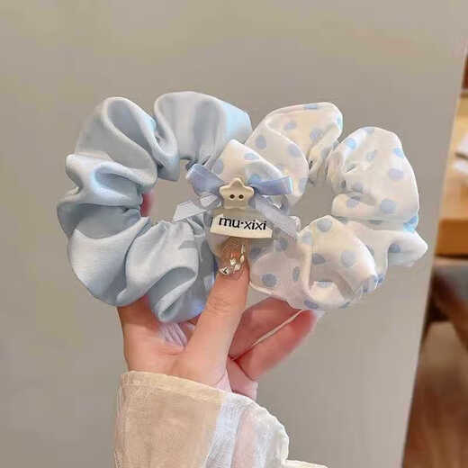 Forest style polka dot bow hair tie for women 2025 new style blue hair tie hair rope flower hair accessory French white polka dot hair ring - 1 piece