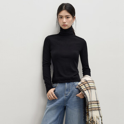 Dialogue (DUIBAI) cashmere + sheep wool solid color curled turtleneck sweater for women 2025 winter new knitted bottoming shirt, quiet black S