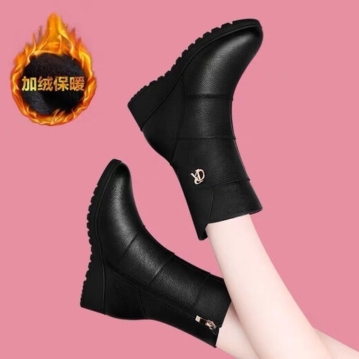 Off-code clearance red green mid-calf boots for women, winter wedge heel plus velvet cotton shoes, middle-aged and elderly mother's boots, inner height increasing women's boots, black plus velvet, heel height 5 cm 38 (240mm)