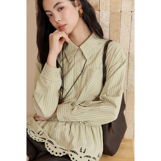Mystery Green Striped Brushed Shirt Women's 2025 Autumn New Women's Design Embroidered Loose Casual Top Green M
