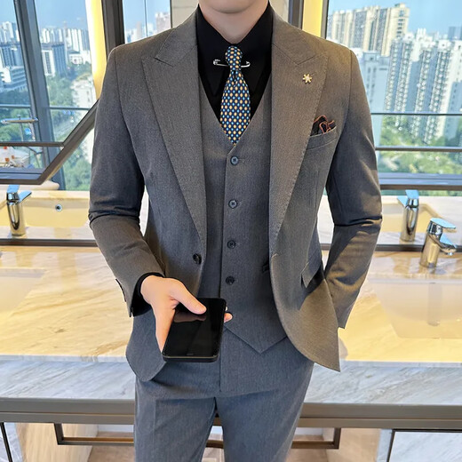 FZPT light luxury trendy brand suit men's 2025 autumn and winter new business casual fashion slim single-breasted dress suit caramel color suit + trousers XL recommended 125-138 Jin Jin equals 0.5 kg