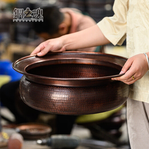 Copper Soul (TONGZHIHUN) pure copper basin handmade basin wash face clothes feet fire basin retro treasure ornaments happy basin thickened round home storage 41CM basin high waist copper retro