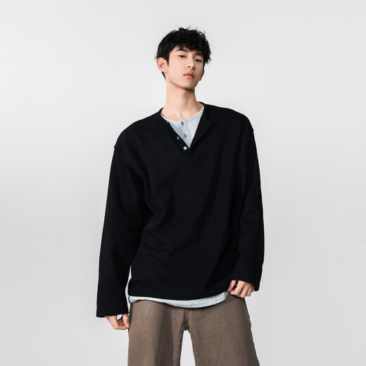OEMG waffle henley collar fake two-piece long-sleeved t-shirt for men autumn new base top with 280g heavy sweater brown XL recommended 110-130Jin Jin equals 0.5 kg