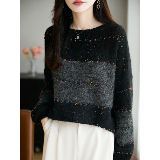 La Chapelle French-style fine glitter striped sweater for women 2025 autumn and winter new loose lazy warm bottoming huge good-looking sweater black XL recommended weight 115-130Jin Jin equals 0.5 kg