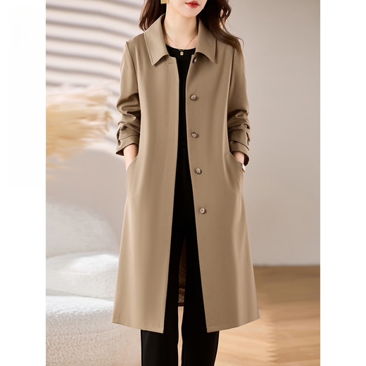 Homesee International Light Luxury High-end Windbreaker Autumn New Windbreaker Jacket Women's Mid-Length Temperament Lady's Casual Slim Coat Khaki L