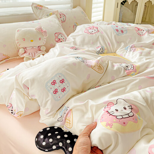 Four-piece bedding set of pure cotton for home maternal and infant grade double-layer gauze sheets and quilt cover for single student dormitory three-piece set Sweetheart KT 1.8m bed quilt cover 180*220 bed sheet 230*230 pillowcase 2