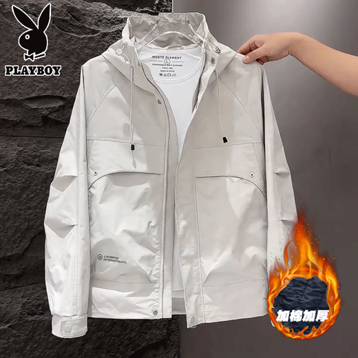 Playboy Spring and Autumn 2025 New Men's Jacket Workwear Hooded Loose Autumn and Winter Velvet Jacket Casual Top Black L Recommended weight 120-135 Jin Jin equals 0.5 kg