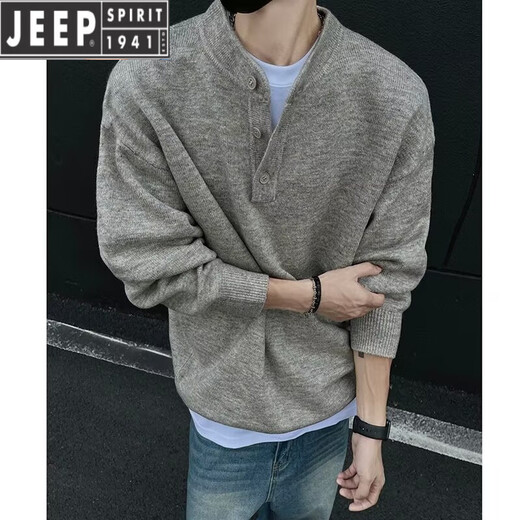 JEEP SPIRIT American retro Henley collar sweater for men, autumn and winter, lazy, high-end, casual, men's inner base sweater, dark gray 2XL