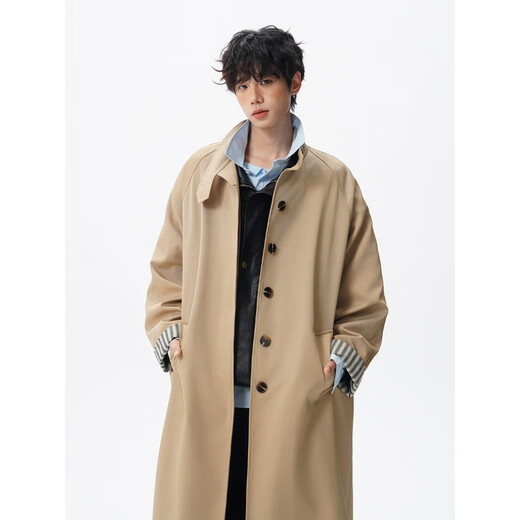 OEMG Korean fake two-piece British windbreaker jacket for men in spring and autumn, knee-high mid-length trendy brand design large clothes, black XL recommended 110-130Jin Jin equals 0.5kg