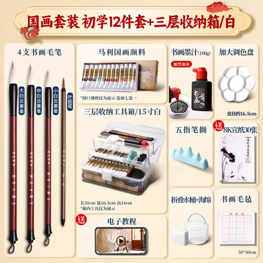 Marley Chinese Painting Pigments Beginner Set Tools Full Set of Ink Painting Materials for Primary School Students Meticulously Painted Chinese Painting Beginners Beginner's Brush 12 Pieces Transparent Box 12 Colors 5ml