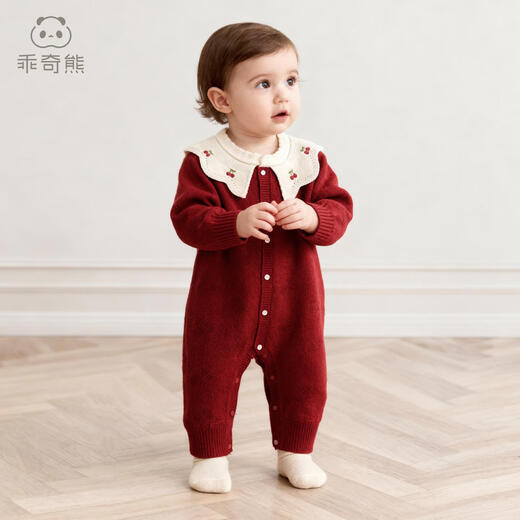 Good Bear Girl Baby Knitted Warm One-piece Harness Winter Baby Sheep Wool Warm Red New Year Clothes