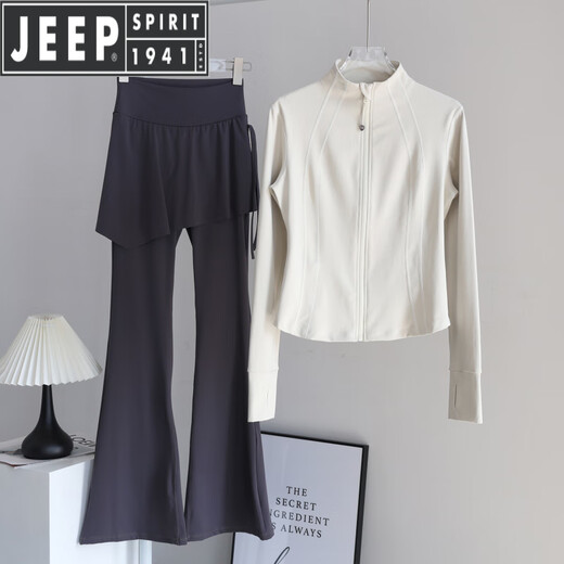 JEEP SPIRIT Yoga Suit Women's Stand Collar Sports Jacket Slim Fit Top Long Sleeve Pilates Fake Two-piece Fitness Pants Albumin + Ebony S