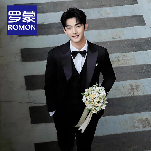 ROMON haute couture suit with lapel collar, groom's wedding suit, men's business professional formal dress, slim tuxedo dress, black single-breasted lapel collar/three-piece suit