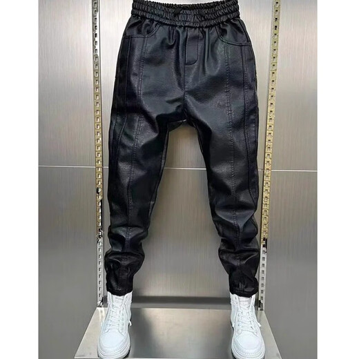 Winter cold-proof leather pants for men with fur integrated velvet and thickened waterproof and oil-proof motorcycle knee-pad leather trousers, black leather pants, cold-proof and warm in winter, plus velvet 2XL recommended 135-150 Jin Jin equals 0.5 kg