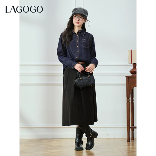 LAGOGO Indigo Time Retro Denim Shirt Women Lagugu 2025 Winter New Textured Commuting Top Dark Denim Blue S