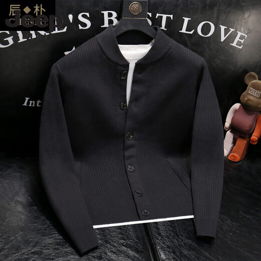 JEEP SPIRIT Jeep 2025 autumn and winter new solid color stand-up collar knitted cardigan jacket men's off-style versatile sweater Henry collar knitted black M 100-115Jin Jin equals 0.5 kg