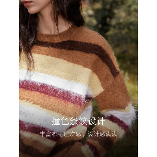 ELLE Retro Sheep Wool Alpaca Striped Sweater Women's 2025 Winter New Lazy Loose Knit Sweater Striped S