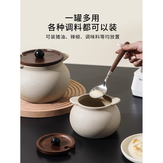 GPHF Japanese light luxury coarse pottery lard tank household high-looking kitchen special large-capacity chili oil tank oil tank meat oil tank wooden lid lard tank - small with spoon