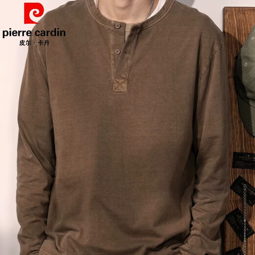 Pierre Cardin 2025 Spring and Autumn New American Retro Casual Henley Collar Long Sleeve T-Shirt Men's Versatile Simple Solid Color Bottoming Shirt Brown XL Recommended 115-145 Jin Jin equals 0.5 kg