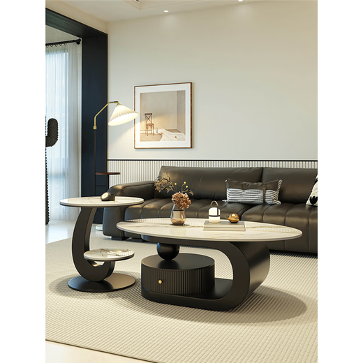 New oval slate coffee table modern simple living room household light luxury high-end small apartment tea table combination black frame drawer fish belly white 100+50*50 fish belly white