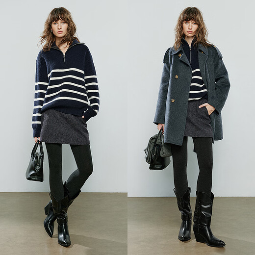 Chuyu Sweater Women's 2025 Winter New Striped Lapel Thick Warm Knitted Top Navy Blue White Striped L