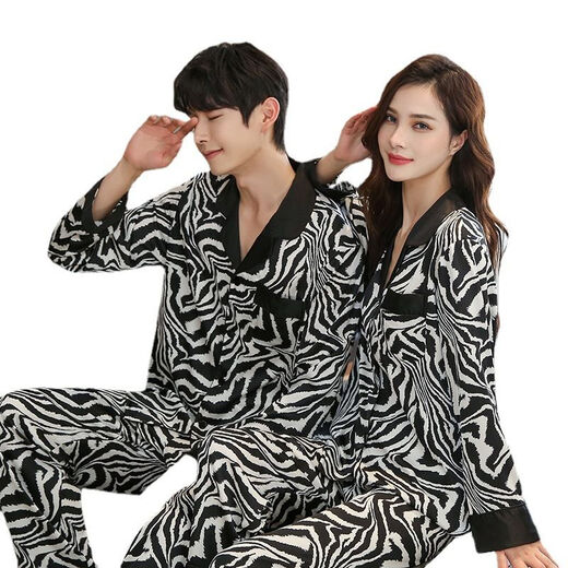 Langsha Couple Pajamas Women's Ice Silk Long Sleeves Long Pants Lapel Korean Style Lovers Couple Print Men's Home Clothes Set 159 Black and White XL Women