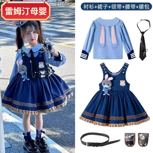 Remtin Rabbit Police Officer Lolita Girls Princess Dress Children's Spring and Autumn Dress Girls Judy Clothes Dress Only Shirt + Skirt 100