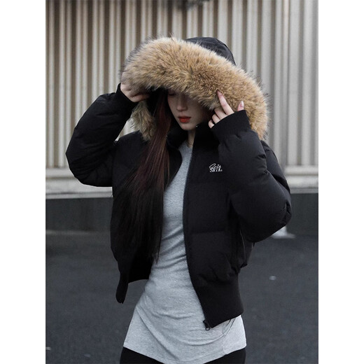 Luyal American autumn and winter short fur collar down cotton coat for women, waist slimming, high-end cotton coat for small people, cotton-padded jacket, black M