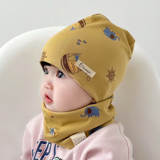 Mengfu (MENGFU) new pure cotton children's double-layered hat and neck scarf two-piece set baby pullover hat autumn and winter windproof and warm ear protection hat ship frost white M head circumference 44-50cm/6 months-3 years old
