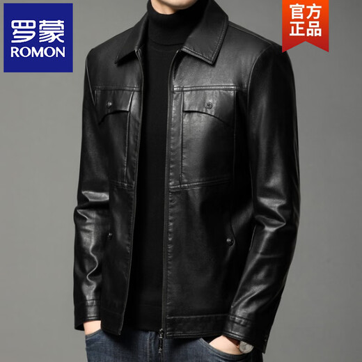ROMON leather jacket men's spring new leather jacket men's single leather casual lapel father's imitation sheepskin jacket black L 175