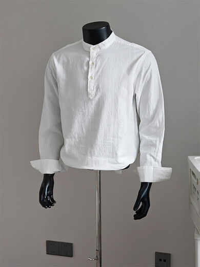 Trend recommendation mature Henry collar shirt men's solid color casual 2025 autumn old money style loose stand-up collar long-sleeved lining black M