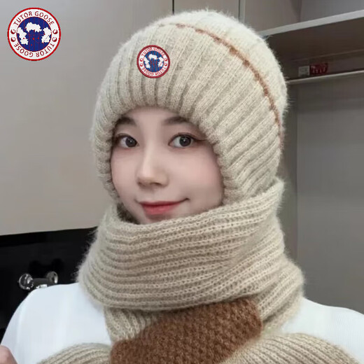 TUTORGOOSE autumn and winter color-blocked hat scarf 2025 new velvet thickened knitted fashion versatile all-in-one anti-wind and snow ear protection hat linen color