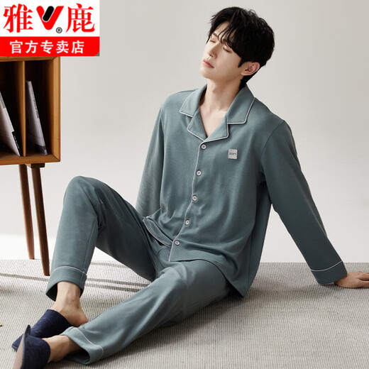 
Yalu 100% pure cotton pajamas men's autumn cardigan long sleeves trousers spring and autumn style teenagers large size home clothing set L12213 L (170)