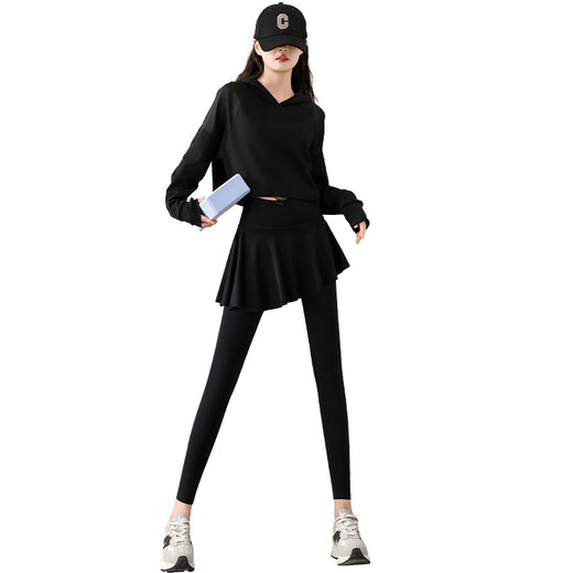 VANCROUG Fitness Wear Badminton Skirt Suit Women's 2025 New Running Sports Cycling Wear Loose Yoga Long Sleeve Top Two-piece Set Black + Black S