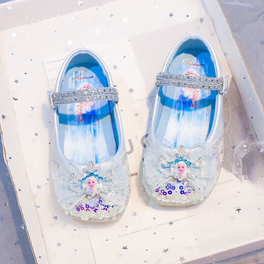 Girls Crystal Princess Shoes Elsa 2025 Autumn New Children's Small Leather Shoes Breathable Soft Sole Girls Fashionable Shoes Blue Size 27 Inner Length 16.5cm