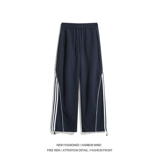 Poke American deconstructed side striped scimitar sweatpants men's spring and autumn large size sports pants loose spliced straight wide-leg pants navy blue M recommended 95-110Jin Jin equals 0.5 kg