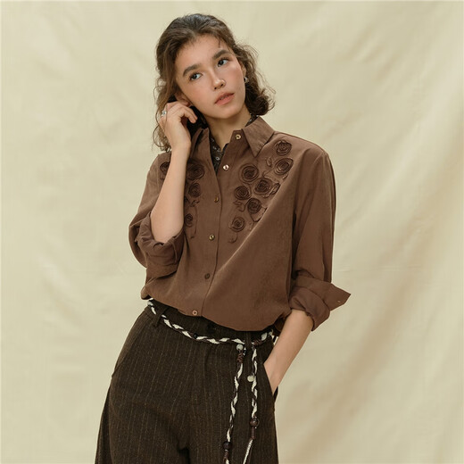 Giordano designer loose shirt autumn and winter new three-dimensional floral suede long-sleeved casual shirt 18345521 08 retro brown S
