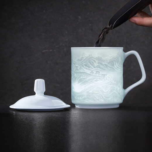 Jingdezhen (jdz) ceramic household Chinese-style handmade Great Wall tea cup tea set with lid office tea cup tea cup gift for elders shadow green relief Great Wall tea cup