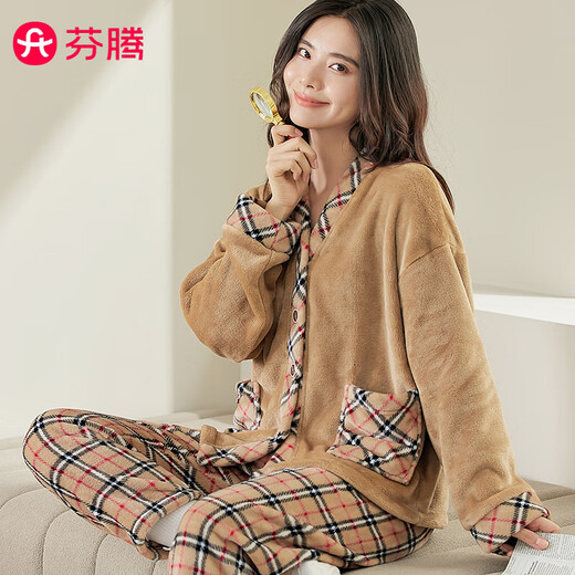 Fenton 2025 Autumn and Winter New Coral Velvet Plaid Couple Pajamas Can Be Weared Outside Age-Reducing Coffee Color Coffee Plaid Women F001 L