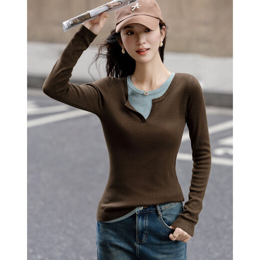 Demana contains fluffy sheep wool, autumn design fake two-piece sweater, color-blocked slim long-sleeved sweater for women