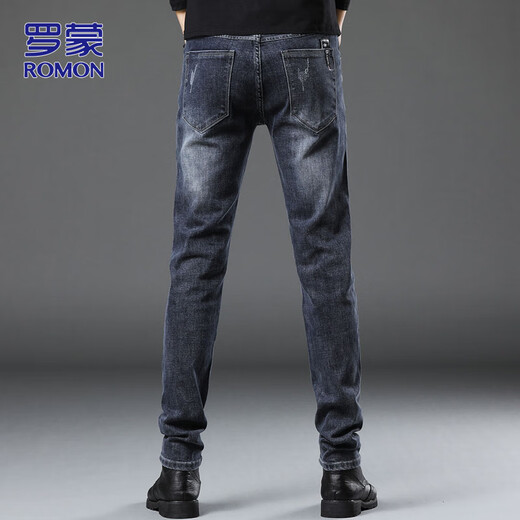 ROMON jeans men's autumn and winter business pants men's casual pants men's slim-fitting men's pants blue gray 32