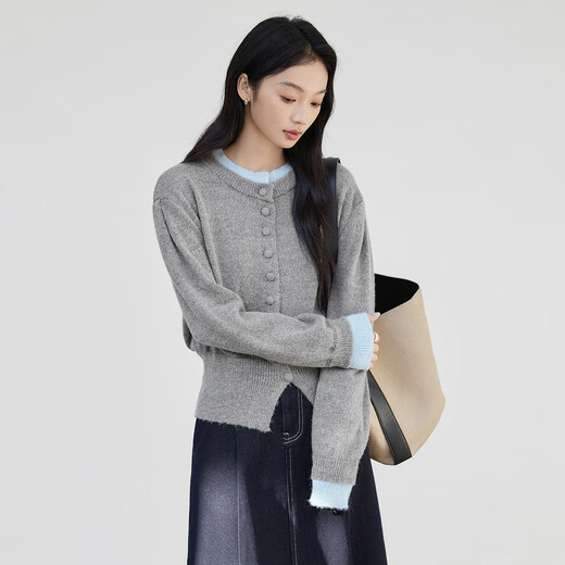 Dialogue (DUIBAI) fake two-piece contrasting color splicing cardigan sweater for women 2025 winter new sheep wool elegant round neck knitted jacket floral gray S