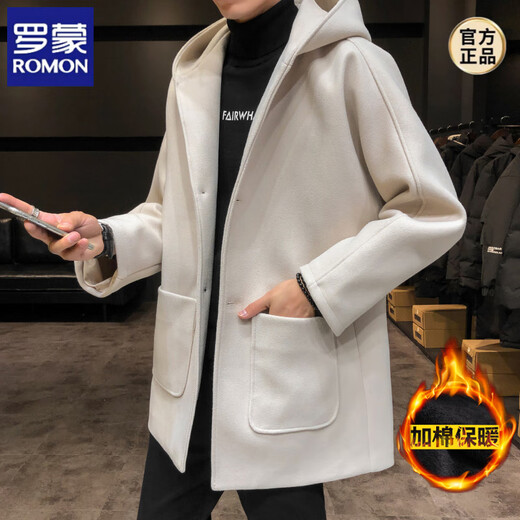 ROMON windbreaker jacket men's autumn and winter Korean style trendy casual and handsome cotton thickened mid-length hooded loose woolen coat off-white cotton M 90-115Jin Jin equals 0.5 kg