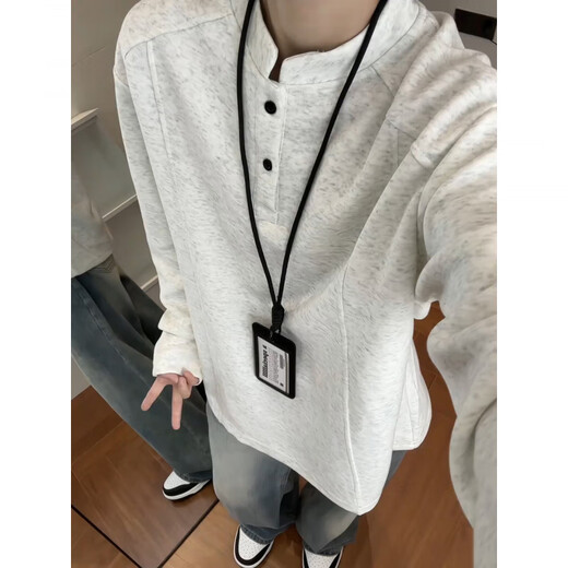 XUANSENTU white and gray Henry collar long-sleeved polo shirt for men, autumn and winter style right shoulder sweatshirt, American style inner layering shirt, trendy white gray upgraded version 95% users choose L