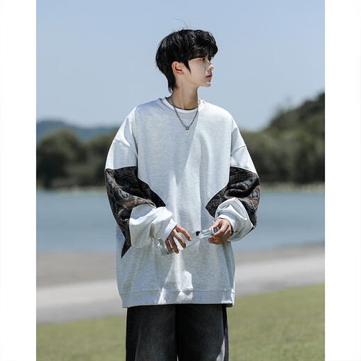 Shelley Jones national fashion sweatshirt men's autumn and winter new loose trendy round neck plus velvet retro splicing trendy brand top clothes men's black XL recommended 125-135Jin Jin equals 0.5 kg