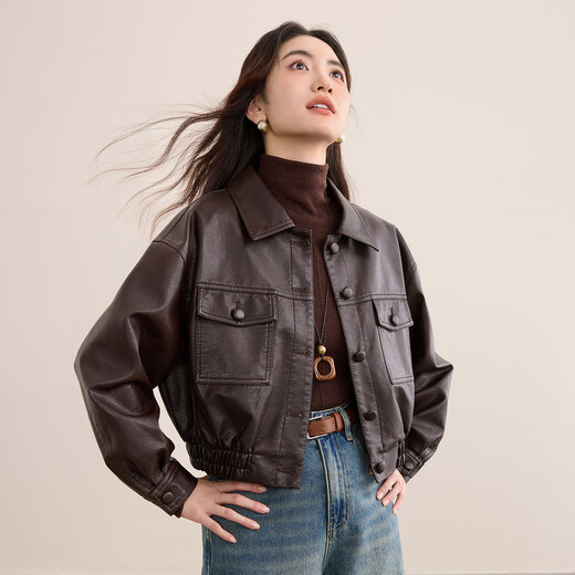 尚都比拉再生纤维素皮衣女秋季摩登通勤翻领长袖机车服宽松显瘦单排扣外套